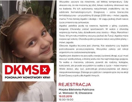 Dzień Dawcy Szpiku dla Agatki i innych - Choszczno 19.03.2019 [PRZYJDŹ I POMÓŻ]
