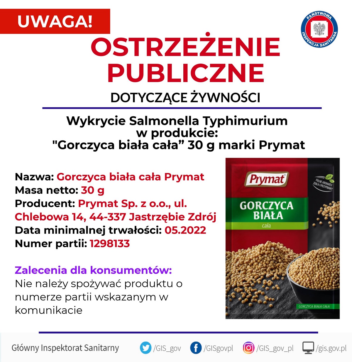 UWAGA! Wykrycie Salmonelli w produkcie „Gorczyca biała cała” 30 g marki Prymat