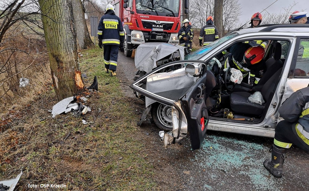 Wypadek w Rakowie (gm. Krzęcin). Kierowca uderzył w drzewo [FOTO] 