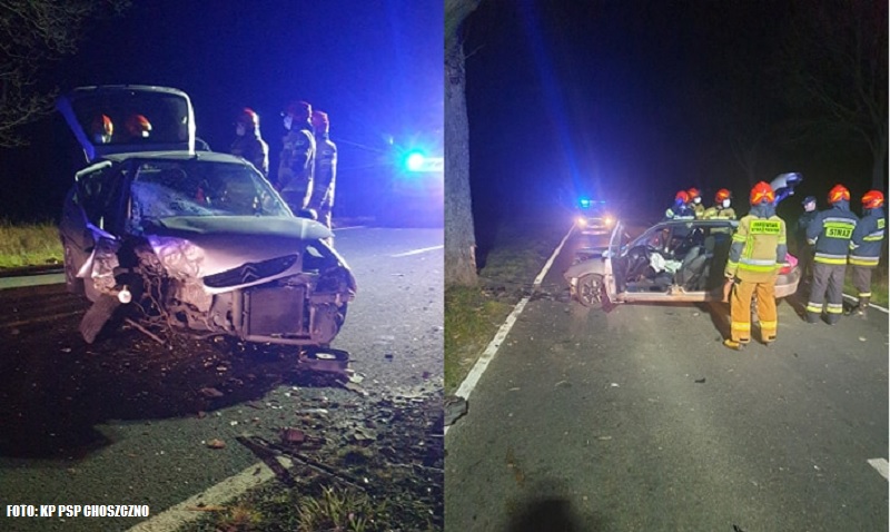 Wypadek drogowy w okolicach Kiełpina. Samochód uderzył w drzewo...